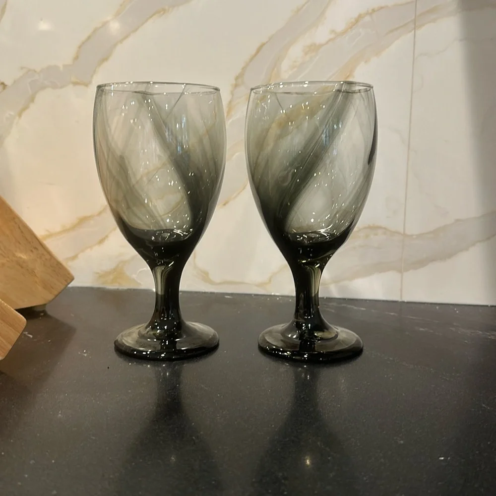Libbey rare Charcoal Gray Smoke Goblet Drinking Glasses Set of 2